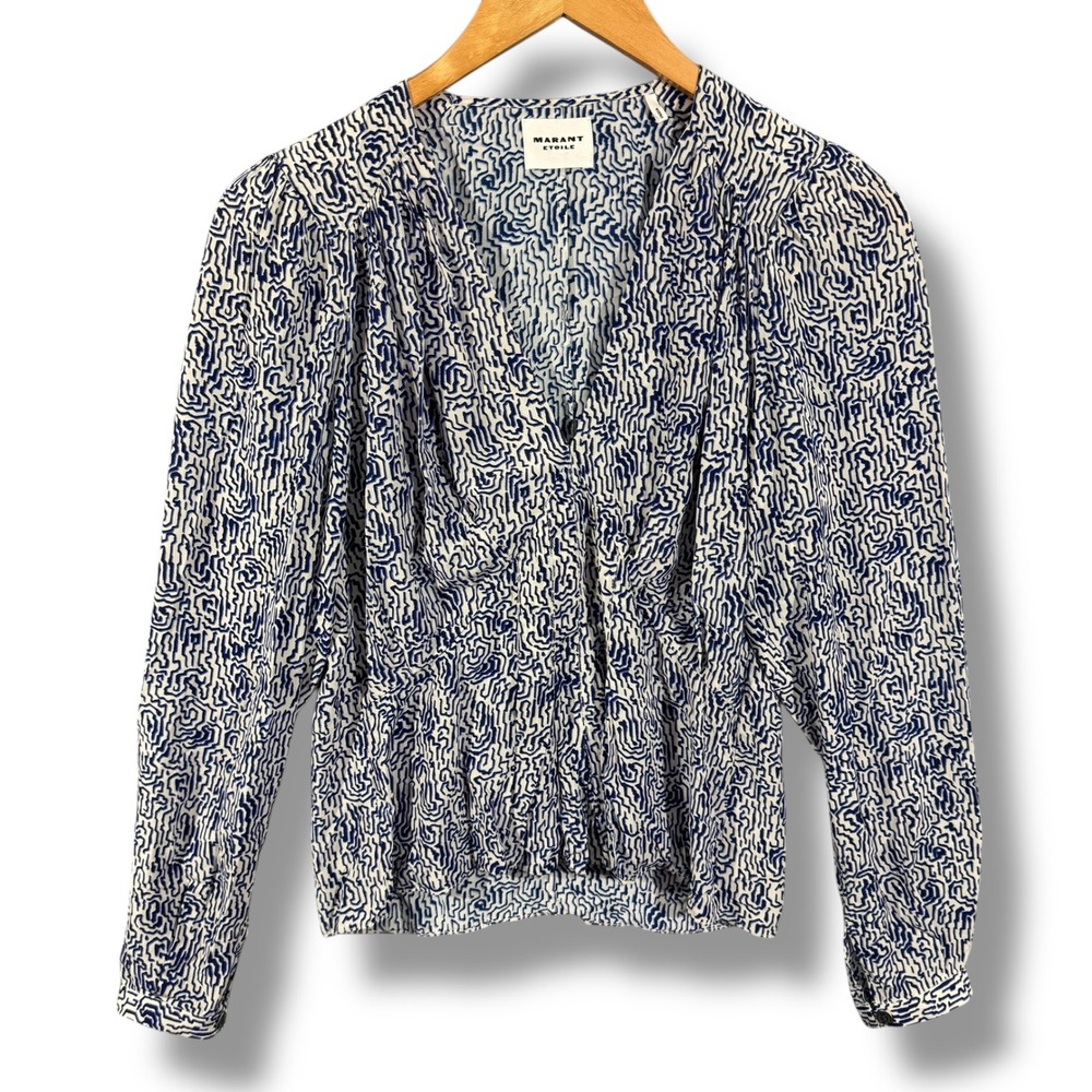 Isabel Marant Etoile Eddy Abstract Print Blouse Top Blue White 34/XS 2